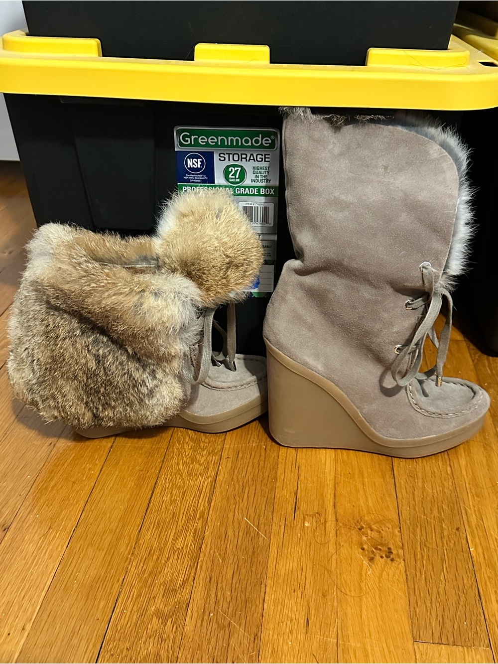 Coach Taupe Suede Wedge Ankle Boots with Faux Fur Trim